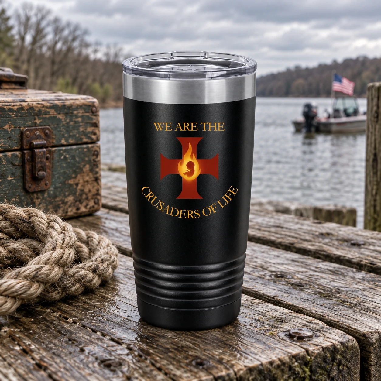 Crusaders of Life Flame Cross Tumbler – 20oz - Black - Back